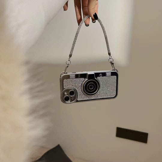 Silver Diamond Studded Retro Camera Sling Case