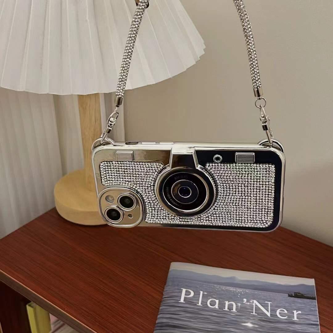 Silver Diamond Studded Retro Camera Sling Case