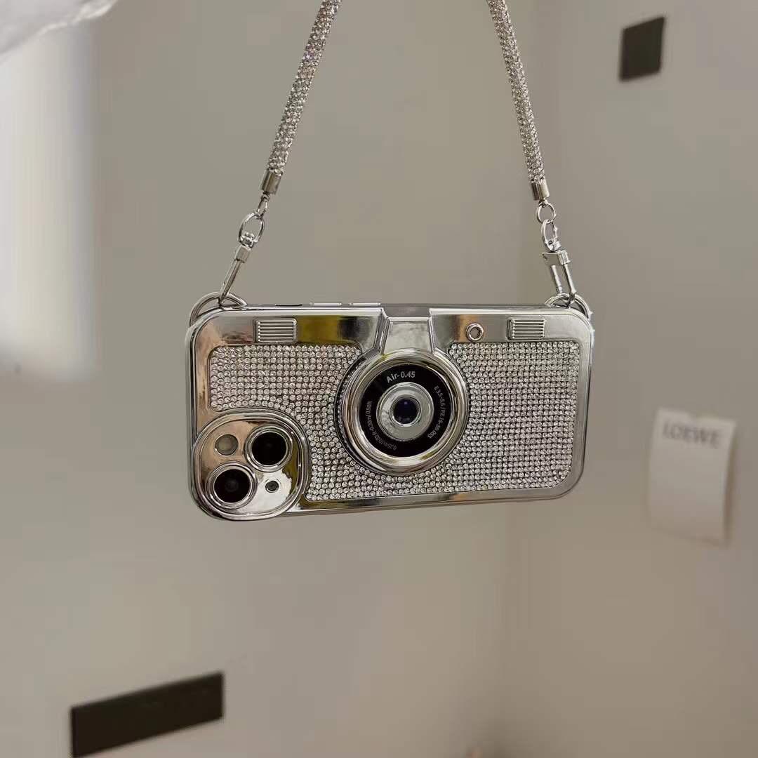 Silver Diamond Studded Retro Camera Sling Case